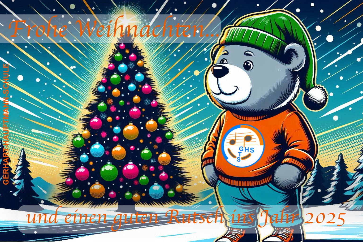 Weihnachtskarte der Schule 2024 mit dem Schulmaskottchen Pfote im Mittelpunkt