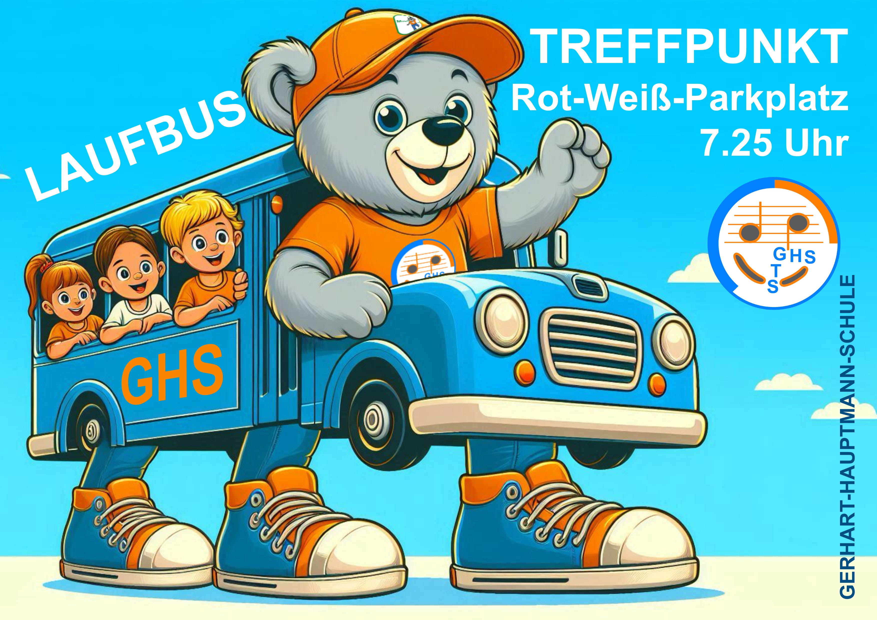 Schild: Laufbus, Treffpunkt am Rot-Weiß-Parkplatz 7.25 Uhr
